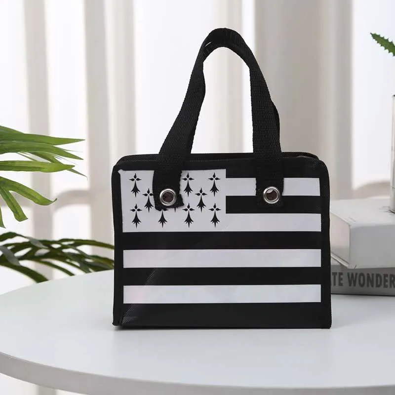 Black White Striped Insulated Lunch Bag Front