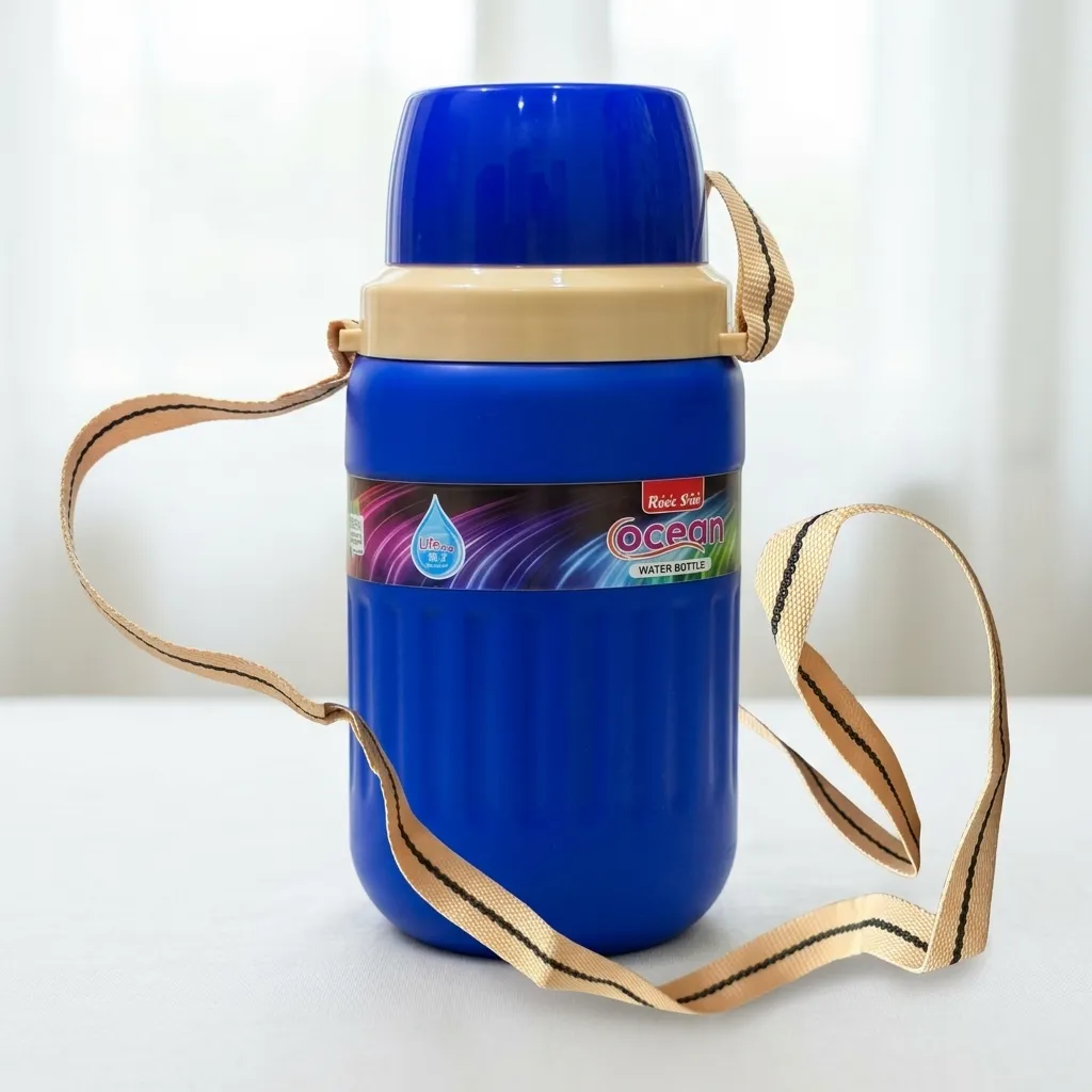 Blue plastic water bottle with strap indoor