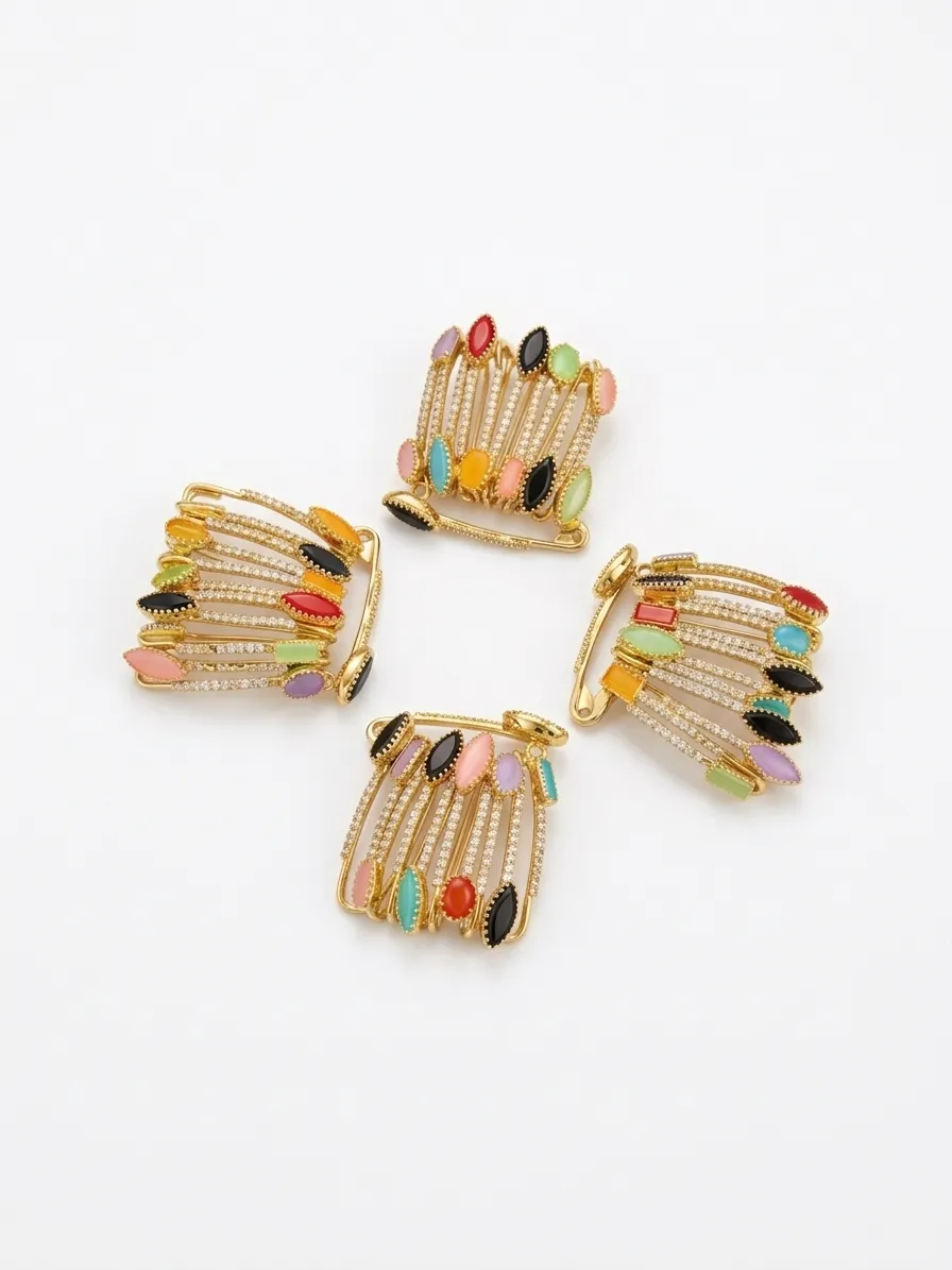 Gold Multicolor Brooch Pins White Background
