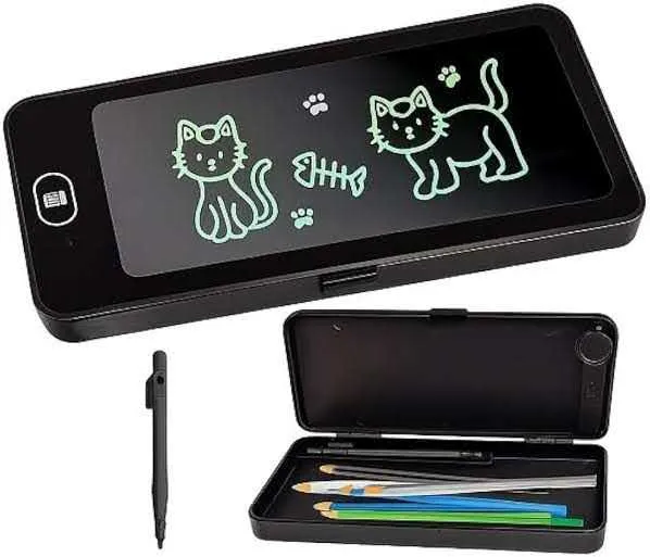 Kids using LCD writing pad pencil box