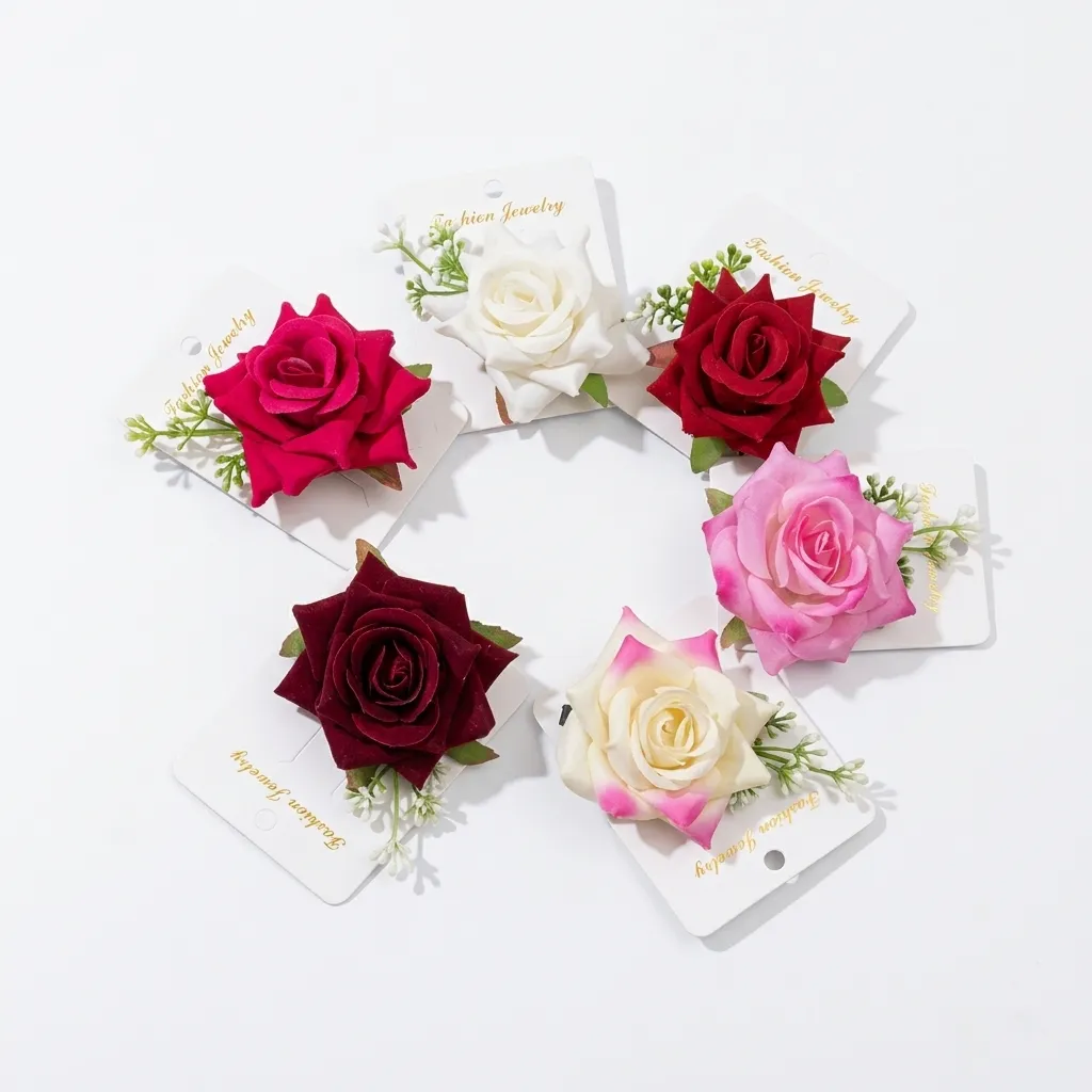 Rose flower hair clips six colors flat lay