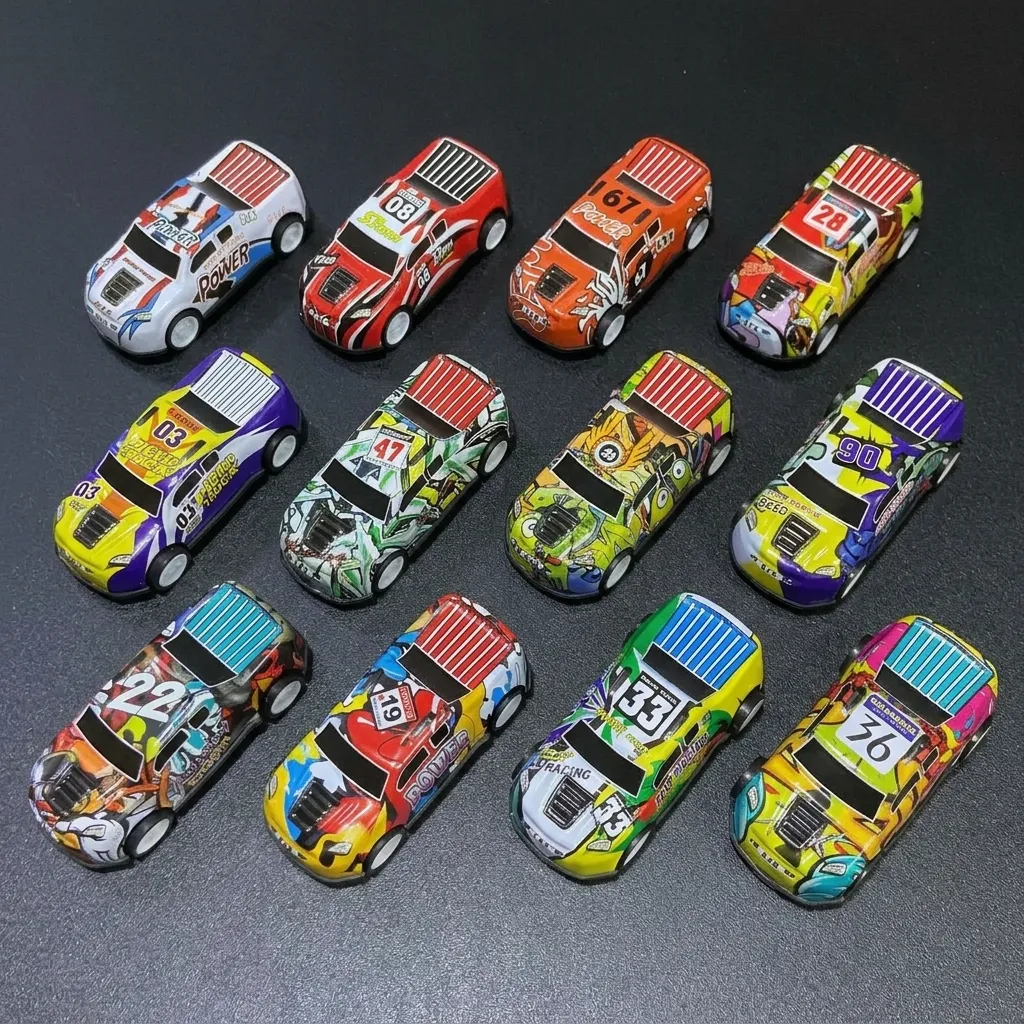 Six mini racing cars blue background