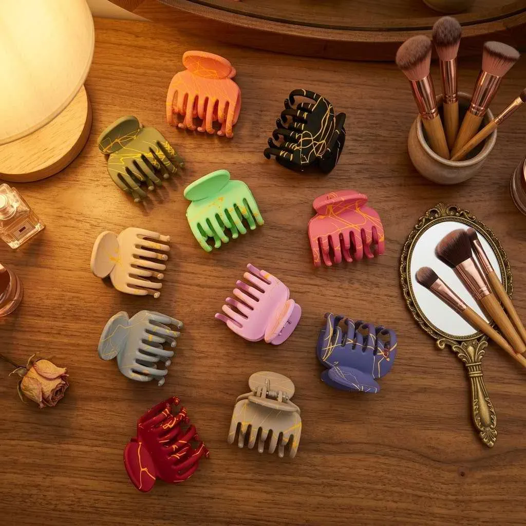Trendy hair catchers set on marble surface